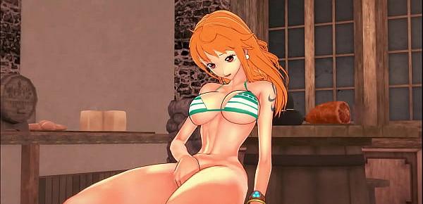 The cute pirate Nami fingers her pussy in a bar - One Piece Hentai.